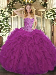 Sleeveless Tulle Floor Length Lace Up Quinceanera Dresses in Fuchsia with Beading and Ruffles