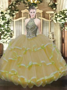 Designer Floor Length Gold 15th Birthday Dress Organza Sleeveless Beading and Ruffles