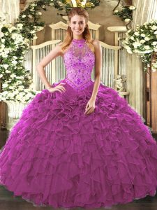 Halter Top Sleeveless Sweet 16 Dresses Floor Length Embroidery and Ruffles Fuchsia Organza
