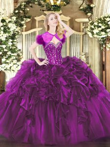 Organza Sleeveless Floor Length Ball Gown Prom Dress and Beading and Ruffles