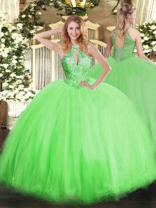 Most Popular Halter Top Sleeveless Tulle Quince Ball Gowns Beading Lace Up