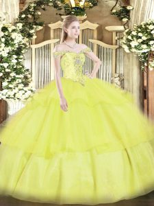 Graceful Yellow Off The Shoulder Lace Up Beading and Ruffled Layers Quinceanera Dresses Sleeveless