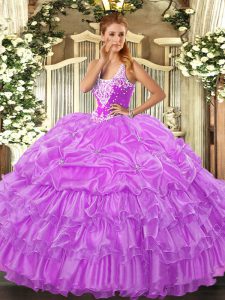 Lilac Organza Lace Up Straps Sleeveless Floor Length Vestidos de Quinceanera Beading and Ruffled Layers and Pick Ups