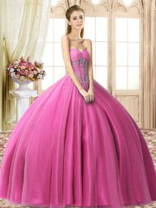 Admirable Sweetheart Sleeveless Quinceanera Dress Floor Length Beading Fuchsia Tulle