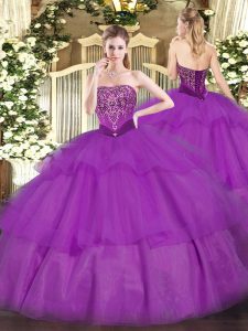 Hot Sale Purple Sleeveless Floor Length Beading and Ruffled Layers Lace Up Quince Ball Gowns