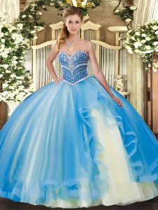 Baby Blue Sleeveless Floor Length Beading and Ruffles Lace Up Quinceanera Dresses