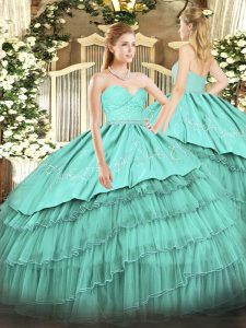 Organza and Taffeta Sweetheart Sleeveless Zipper Beading and Lace and Embroidery and Ruffled Layers Quinceanera Dresses in Turquoise