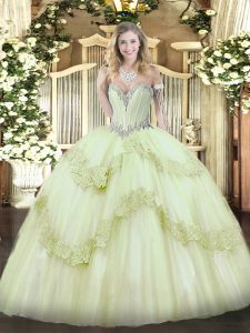 Romantic Yellow Green Sweetheart Neckline Beading and Appliques Sweet 16 Quinceanera Dress Sleeveless Lace Up