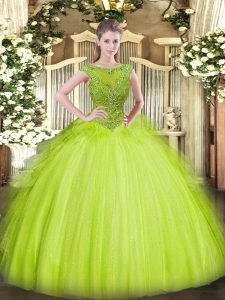 Stunning Yellow Green Tulle Zipper Scoop Sleeveless Floor Length Sweet 16 Quinceanera Dress Beading