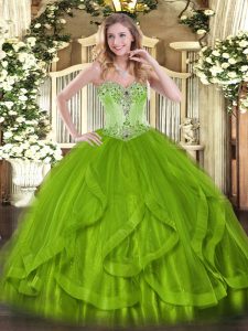 Sexy Sleeveless Organza Lace Up Quince Ball Gowns in Olive Green with Beading and Ruffles
