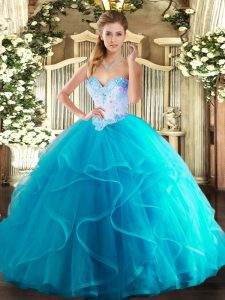 Floor Length Ball Gowns Sleeveless Aqua Blue Ball Gown Prom Dress Lace Up