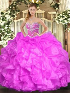 Romantic Fuchsia Ball Gowns Sweetheart Sleeveless Organza Floor Length Lace Up Beading and Ruffles Vestidos de Quinceanera