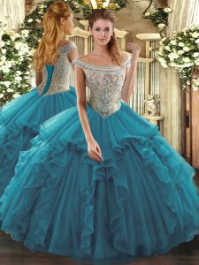 Tulle Off The Shoulder Sleeveless Lace Up Beading and Ruffles Quinceanera Dresses in Teal