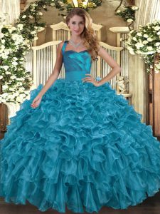 Sleeveless Floor Length Ruffles Lace Up 15th Birthday Dress with Teal