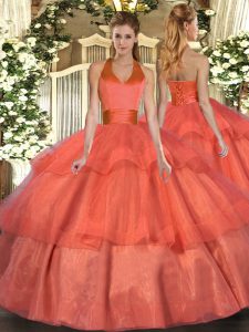 Latest Floor Length Lace Up Quinceanera Dresses Orange Red for Military Ball and Sweet 16 and Quinceanera with Ruffled Layers