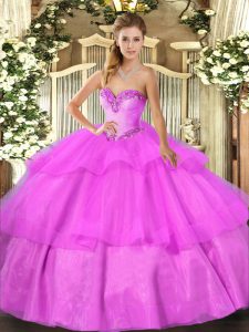 Beauteous Sleeveless Floor Length Beading and Ruffled Layers Lace Up Quince Ball Gowns with Lilac