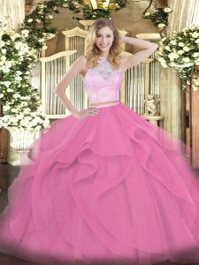 Rose Pink Sleeveless Tulle Zipper Quinceanera Gowns for Military Ball and Sweet 16 and Quinceanera