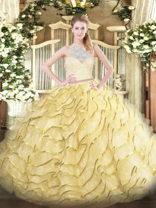Simple Gold Two Pieces Tulle Scoop Sleeveless Lace and Ruffles Zipper Sweet 16 Dresses Brush Train
