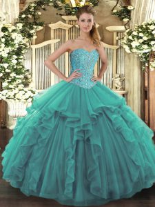 Ball Gowns Quinceanera Dresses Turquoise Sweetheart Tulle Sleeveless Floor Length Lace Up