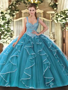 Beading Quinceanera Dress Teal Lace Up Sleeveless Floor Length