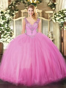 Best Selling Ball Gowns Sweet 16 Dresses Rose Pink V-neck Tulle Sleeveless Floor Length Lace Up