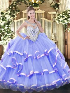 Classical Lavender Ball Gowns Organza Scoop Sleeveless Beading and Ruffled Layers Floor Length Zipper 15 Quinceanera Dress