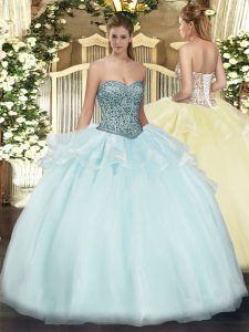 Apple Green Ball Gowns Tulle Sweetheart Sleeveless Beading and Ruffles Floor Length Lace Up Ball Gown Prom Dress