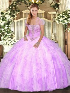 Floor Length Lace Up Quinceanera Gowns Lilac for Military Ball and Sweet 16 and Quinceanera with Appliques and Ruffles