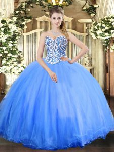 Baby Blue Ball Gowns Tulle Sweetheart Sleeveless Beading Floor Length Lace Up Ball Gown Prom Dress