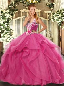 Hot Pink Straps Lace Up Beading and Ruffles Ball Gown Prom Dress Sleeveless