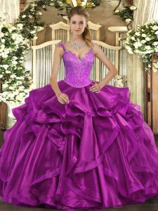 Inexpensive Fuchsia Organza Lace Up Quinceanera Gown Sleeveless Floor Length Beading and Ruffles