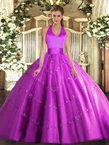 Cute Tulle Halter Top Sleeveless Lace Up Appliques Quinceanera Gown in Fuchsia