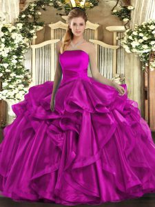 Sleeveless Organza Floor Length Lace Up Quinceanera Dress in Fuchsia with Ruffles