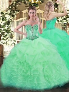 Glamorous Floor Length Apple Green Quince Ball Gowns Organza Sleeveless Beading and Ruffles and Pick Ups