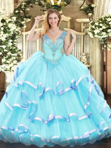 Free and Easy Floor Length Aqua Blue Quinceanera Gowns Organza Sleeveless Ruffled Layers
