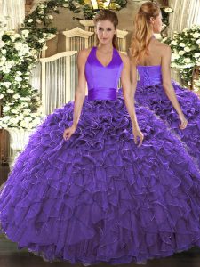 Sleeveless Floor Length Ruffles Lace Up Sweet 16 Quinceanera Dress with Purple