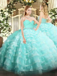 Amazing Aqua Blue Sleeveless Beading and Lace and Ruffled Layers Floor Length 15 Quinceanera Dress