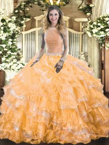 Flirting Floor Length Orange Sweet 16 Dresses High-neck Sleeveless Lace Up