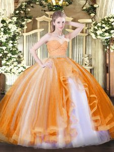 Modern Orange Sweetheart Zipper Beading and Lace and Ruffles Quinceanera Gown Sleeveless