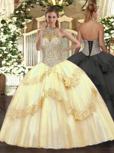 Gold Tulle Lace Up Quinceanera Dress Sleeveless Floor Length Beading and Appliques