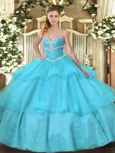 Aqua Blue Lace Up Quince Ball Gowns Beading and Ruffled Layers Sleeveless Floor Length