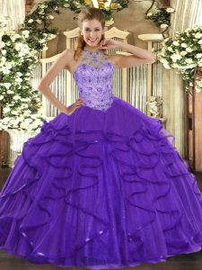 High Quality Purple Ball Gowns Beading and Ruffles Ball Gown Prom Dress Lace Up Organza Sleeveless Floor Length