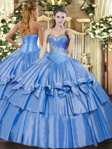 Deluxe Baby Blue Ball Gowns Beading and Ruffles Quinceanera Dresses Lace Up Organza and Taffeta Sleeveless Floor Length