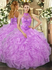 Clearance Lavender Organza Lace Up Sweet 16 Dresses Sleeveless Floor Length Beading and Ruffles