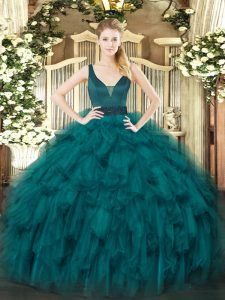 Floor Length Zipper Sweet 16 Quinceanera Dress Teal for Military Ball and Sweet 16 and Quinceanera with Beading and Ruffles