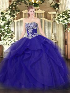 Decent Sleeveless Floor Length Beading and Ruffles Lace Up 15 Quinceanera Dress with Blue