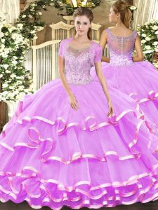 Smart Scoop Sleeveless Tulle Ball Gown Prom Dress Beading and Ruffled Layers Clasp Handle