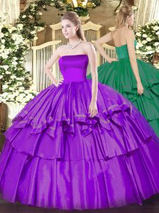 Enchanting Eggplant Purple Organza and Taffeta Zipper Strapless Sleeveless Floor Length Ball Gown Prom Dress Ruffled Layers