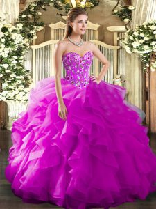 Floor Length Fuchsia Quince Ball Gowns Sweetheart Sleeveless Lace Up