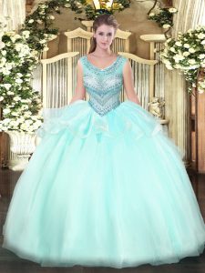 Hot Sale Aqua Blue Organza Lace Up Quinceanera Dress Sleeveless Floor Length Beading